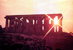 The so-called Basilica at Paestum at sunset