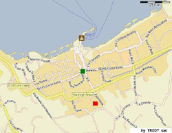 Apartments Sorrento: The exact location of Margherita apartment (red square) and the main square of Sorrento (green circle)