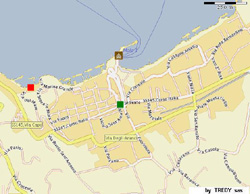 Home at Sorrento: The red square shows the exact location of Marina Grande apartment in Sorrento while the green square is Tasso Square