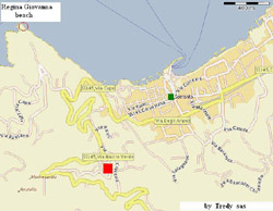The exact location in Sorrento of Ornella Lodging (red square) and of the main square (green square)